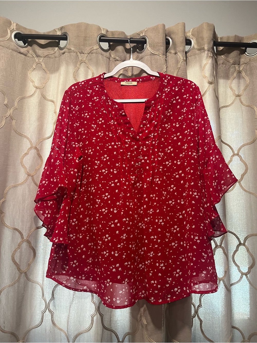 Red Floral V-Neck Ruffle Sleeve Blouse